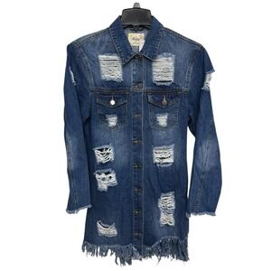 Daisy Blue Distressed Long Denim Jacket Women's Size Large Frayed Hem Pockets‎